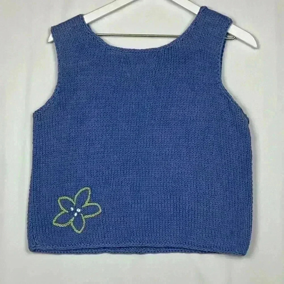 Pure Handknit Womens Vest Blue S/M Sleeveless Pullover Tight Knit 3D Flowers EUC - Picture 8 of 12